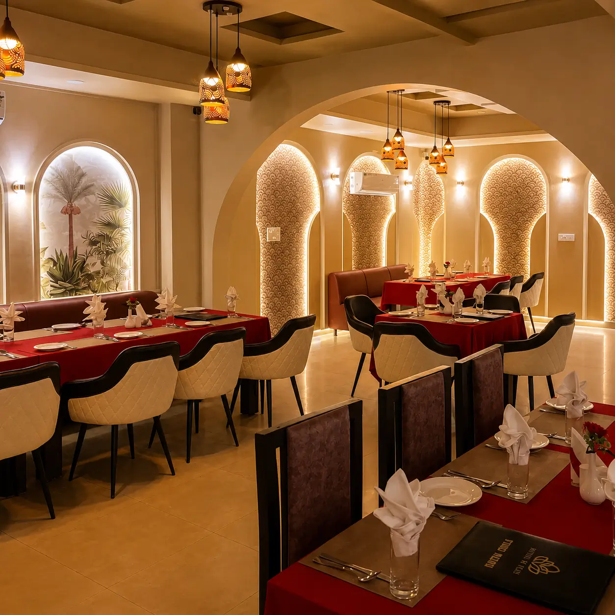 Elegant dining area with red table setup
